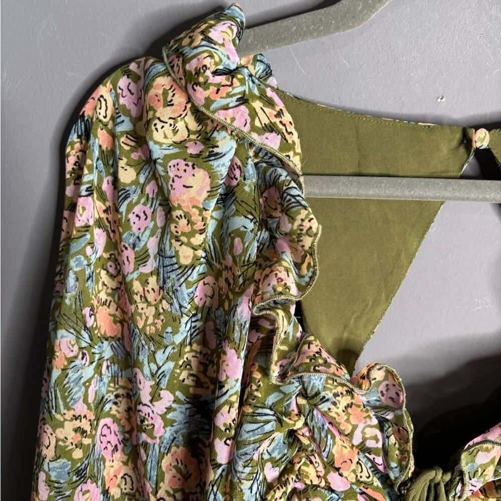 Free People Green Pink Floral Long Sleeve Cinched Blouse Back Cutout S - Picture 3 of 7